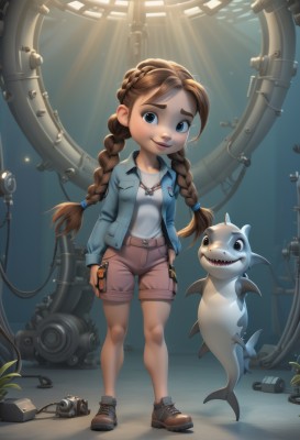 1girl,solo,long hair,looking at viewer,smile,open mouth,blue eyes,brown hair,shirt,gloves,twintails,jewelry,standing,jacket,full body,white shirt,braid,shoes,shorts,teeth,artist name,fingerless gloves,necklace,twin braids,open jacket,thick eyebrows,sneakers,child,pendant,freckles,camera,female child,long sleeves,indoors,lips,brown footwear,phone,sunlight,cellphone,smartphone,light rays,hands in pockets,brown shorts