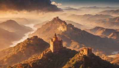 outdoors,sky,day,cloud,tree,no humans,cloudy sky,building,nature,scenery,mountain,fantasy,castle,tower,landscape,mountainous horizon,cliff,blue sky,city