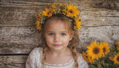 1girl,solo,long hair,looking at viewer,smile,blue eyes,blonde hair,brown hair,hair ornament,closed mouth,upper body,braid,flower,hair flower,lips,grey eyes,child,portrait,realistic,yellow flower,sunflower,wall,brown eyes,photo background