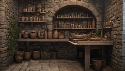 indoors,no humans,table,bottle,plant,scenery,potted plant,wall,brick wall,shelf,jar,counter,barrel,crate,cup,window,bowl,fantasy,stone wall