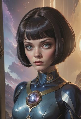 1girl,solo,breasts,looking at viewer,short hair,bangs,blue eyes,brown hair,black hair,jewelry,upper body,small breasts,parted lips,sky,shiny,artist name,cloud,signature,blunt bangs,lips,eyelashes,bodysuit,makeup,watermark,bob cut,brooch,gem,portrait,skin tight,freckles,shiny clothes,realistic,nose,blue bodysuit,mascara,medium breasts,closed mouth,outdoors,cloudy sky,backlighting