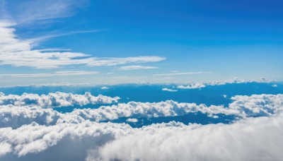 monochrome,outdoors,sky,day,cloud,blue sky,no humans,ocean,cloudy sky,scenery,blue theme,horizon,above clouds,water