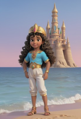 1girl,solo,long hair,looking at viewer,brown hair,shirt,black hair,brown eyes,jewelry,very long hair,standing,full body,short sleeves,earrings,outdoors,sky,day,pants,dark skin,water,necklace,flat chest,bracelet,dark-skinned female,blue sky,lips,toes,ocean,wavy hair,beach,sandals,crown,blue shirt,gem,child,curly hair,white pants,sand,anklet,horizon,female child,bangle,castle,hand on hip,aged down