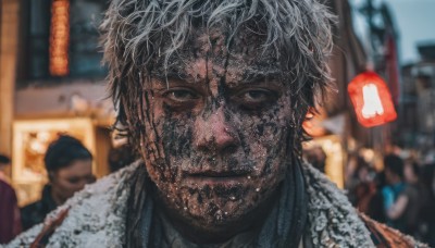 solo,looking at viewer,smile,short hair,1boy,closed mouth,white hair,male focus,outdoors,multiple boys,solo focus,blurry,black eyes,wet,depth of field,blurry background,scar,messy hair,portrait,realistic,wet hair,paper lantern,towel around neck,people,black hair,grey hair,night,facial hair,towel,beard,stubble,photo background