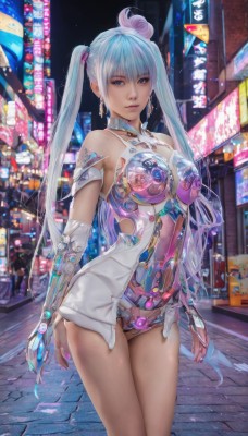 1girl,solo,long hair,breasts,looking at viewer,bangs,blue eyes,gloves,bare shoulders,twintails,jewelry,medium breasts,very long hair,underwear,blue hair,standing,white hair,thighs,cowboy shot,earrings,outdoors,nail polish,leotard,lips,see-through,night,building,science fiction,city,realistic,android,cyborg,cyberpunk,mechanical parts,navel,panties,road,cityscape,street,city lights,neon lights