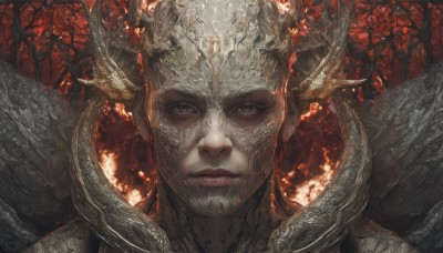 1girl,solo,looking at viewer,1boy,brown eyes,closed mouth,yellow eyes,male focus,outdoors,horns,teeth,armor,tree,lips,helmet,fire,portrait,nature,forest,straight-on,shoulder armor,close-up,realistic,scales