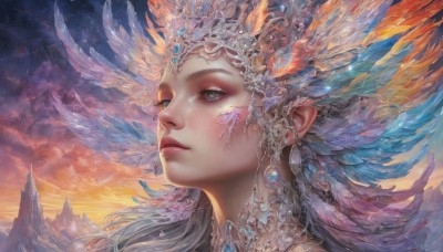 1girl,solo,long hair,blue eyes,hair ornament,jewelry,grey hair,outdoors,parted lips,sky,cloud,lips,eyelashes,makeup,cloudy sky,feathers,looking up,head wings,gem,portrait,freckles,sunset,circlet,mountain,realistic,nose,fantasy,red lips,feather hair ornament,looking afar,blonde hair,green eyes,earrings,pointy ears,looking away,headdress