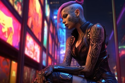 1girl,solo,breasts,short hair,thighhighs,cleavage,jewelry,medium breasts,sitting,pink hair,purple hair,earrings,sleeveless,dark skin,hair bun,blurry,from side,dark-skinned female,lips,tattoo,profile,blurry background,piercing,single hair bun,ear piercing,science fiction,city,arm tattoo,undercut,cyborg,cyberpunk,neon lights,makeup,nose,very short hair,facial tattoo