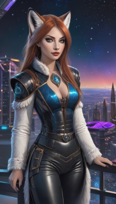 1girl,solo,long hair,breasts,looking at viewer,brown hair,long sleeves,animal ears,cleavage,brown eyes,jewelry,medium breasts,tail,cowboy shot,outdoors,sky,pants,cat ears,nail polish,armor,lips,animal ear fluff,fur trim,fox ears,makeup,night,black pants,lipstick,shoulder armor,gem,star (sky),starry sky,city,railing,red lips,cityscape,city lights,closed mouth,standing,red hair,artist name,signature,bodysuit,fox girl,building,black nails,night sky,zipper,sunset,realistic,horizon,black bodysuit,tight,leather pants