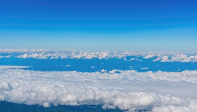 monochrome,outdoors,sky,day,cloud,blue sky,no humans,bird,cloudy sky,scenery,blue theme,horizon,landscape,above clouds,ocean,nature