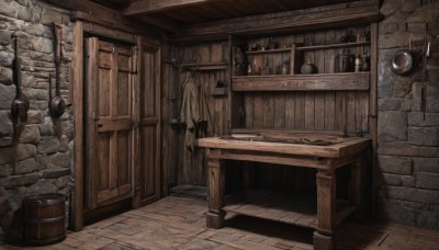 weapon,sword,indoors,no humans,window,table,bottle,scenery,wooden floor,fantasy,door,wall,brick wall,shelf,barrel,crate,wood,stairs,bucket,candle,jar,candlestand,cabinet,wooden wall,stone floor,wooden table,stone wall,fireplace