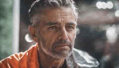 solo,looking at viewer,short hair,shirt,1boy,closed mouth,upper body,white hair,grey hair,male focus,blurry,grey eyes,depth of field,blurry background,facial hair,portrait,beard,realistic,mustache,manly,old,orange shirt,old man,wrinkled skin,black hair,jacket,outdoors,black shirt,scar,scar on face,bokeh