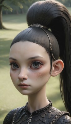 1girl,solo,long hair,looking at viewer,black hair,jewelry,closed mouth,ponytail,outdoors,day,artist name,necklace,blurry,black eyes,tree,lips,grey eyes,eyelashes,blurry background,high ponytail,portrait,forehead,freckles,realistic,nose,hair pulled back,blush,hair ornament