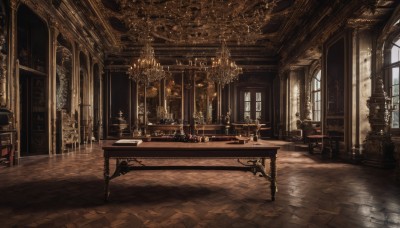 day,indoors,no humans,window,chair,table,sunlight,plant,scenery,reflection,light rays,wooden floor,stairs,door,light,lamp,candle,architecture,tile floor,stool,pillar,statue,piano,carpet,arch,candlestand,reflective floor,chandelier,book,fire,fantasy,potted plant,fireplace