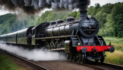 1boy,weapon,outdoors,day,cloud,tree,military,no humans,grass,ground vehicle,nature,motor vehicle,forest,smoke,cannon,military vehicle,tank,vehicle focus,train,caterpillar tracks,railroad tracks,multiple boys,sky,scenery,machine gun