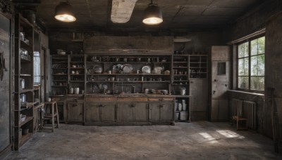 day,indoors,cup,no humans,window,chair,table,sunlight,bottle,scenery,plate,door,lamp,wall,stool,shelf,kitchen,ceiling,ceiling light,cabinet,stairs,tiles,tile floor