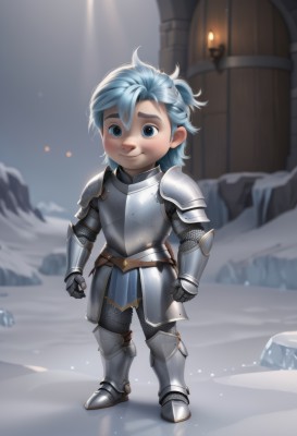 solo,looking at viewer,smile,blue eyes,1boy,closed mouth,blue hair,standing,full body,ponytail,male focus,boots,outdoors,artist name,armor,blurry,blurry background,shoulder armor,gauntlets,child,snow,pauldrons,breastplate,armored boots,candle,male child,greaves,full armor,barrel,chainmail,plate armor,aged down,rock