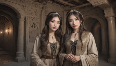 long hair,breasts,looking at viewer,smile,multiple girls,brown hair,black hair,long sleeves,dress,2girls,cleavage,brown eyes,jewelry,medium breasts,closed mouth,upper body,earrings,belt,indoors,wide sleeves,necklace,black eyes,lips,holding hands,siblings,ring,sisters,pendant,robe,realistic,red lips,candle,pillar,arch,column,bangs,parted lips,makeup,own hands together,cross,tiara