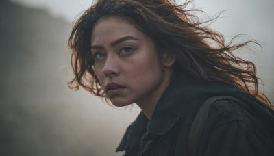 1girl,solo,long hair,looking at viewer,blue eyes,brown hair,black hair,closed mouth,jacket,upper body,outdoors,parted lips,bag,blurry,lips,grey eyes,blurry background,backpack,messy hair,portrait,freckles,realistic,nose,from side,wind,backlighting,grey sky