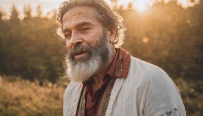 solo,looking at viewer,shirt,1boy,brown eyes,closed mouth,jacket,upper body,white hair,grey hair,male focus,outdoors,day,collared shirt,blurry,tree,depth of field,blurry background,facial hair,white jacket,red shirt,portrait,beard,realistic,mustache,old,old man,short hair,blonde hair,brown hair,jewelry,necklace,lips,sunlight,lens flare,bokeh