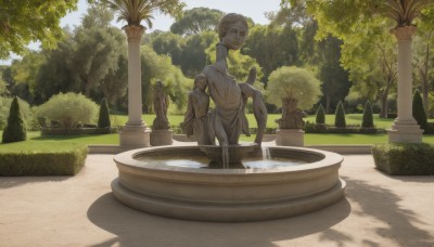 1girl,solo,looking at viewer,short hair,blonde hair,dress,outdoors,day,water,tree,shadow,grass,plant,scenery,bush,pillar,statue,fountain,1boy,sitting,male focus,sky,barefoot,cloud,blue sky,sunlight,nature,robe