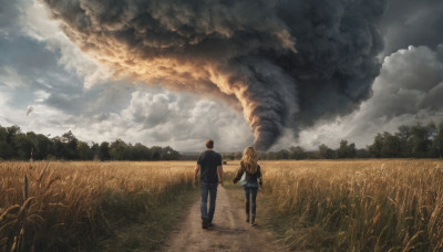 1girl, long hair, brown hair, 1boy, outdoors, sky, cloud, bag, from behind, tree, holding hands, cloudy sky, grass, nature, scenery, smoke, walking, field