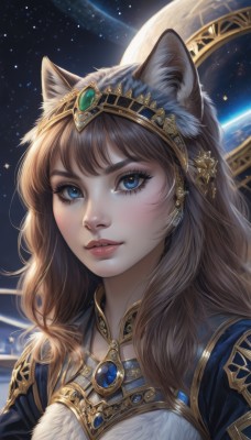 1girl,solo,long hair,looking at viewer,bangs,blue eyes,brown hair,animal ears,jewelry,upper body,hairband,parted lips,sky,artist name,cat ears,armor,lips,animal ear fluff,fur trim,fox ears,eyelashes,makeup,moon,gem,portrait,star (sky),starry sky,realistic,nose,space,planet,earth (planet),hair ornament,wolf ears,tiara