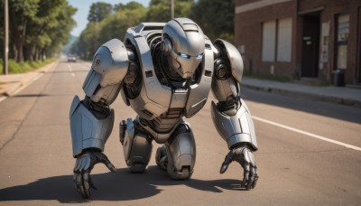 solo,blue eyes,outdoors,tree,no humans,kneeling,shadow,robot,building,mecha,science fiction,road,open hand,street,looking ahead,open hands,day,blurry,window,blurry background,glowing,looking down,glowing eyes,realistic,one knee,humanoid robot,autobot