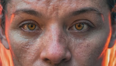 solo,looking at viewer,black hair,1boy,brown eyes,closed mouth,yellow eyes,male focus,orange eyes,thick eyebrows,fire,portrait,close-up,realistic,straight-on,eye focus,1girl,eyelashes,facial hair,freckles