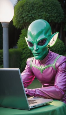 solo,looking at viewer,smile,gloves,1boy,sitting,closed mouth,upper body,male focus,outdoors,blurry,tree,bodysuit,colored skin,table,realistic,computer,bald,green skin,lamppost,laptop,alien,park,pointy ears,black eyes,night,lamp,pink skin