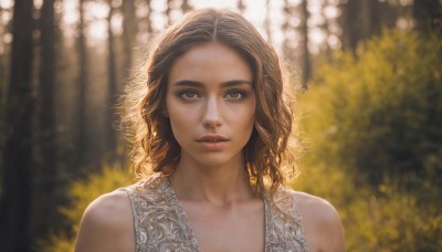 1girl,solo,long hair,looking at viewer,brown hair,dress,bare shoulders,brown eyes,collarbone,upper body,parted lips,sleeveless,medium hair,blurry,lips,depth of field,blurry background,wavy hair,portrait,freckles,curly hair,realistic,nose,outdoors,artist name,white dress,mole,sunlight,thick eyebrows,nature,backlighting,bokeh,mole on cheek