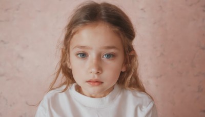 1girl,solo,long hair,looking at viewer,blue eyes,brown hair,shirt,closed mouth,white shirt,upper body,sweater,lips,expressionless,pink background,child,portrait,forehead,realistic,nose,female child,white sweater