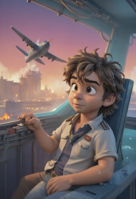 solo,smile,brown hair,shirt,1boy,brown eyes,sitting,closed mouth,short sleeves,male focus,sky,belt,signature,dark skin,uniform,gun,military,military uniform,chair,dark-skinned male,thick eyebrows,fire,blue shirt,building,messy hair,child,science fiction,city,aircraft,airplane,male child,cockpit,helicopter,pilot,necktie,sunset,watercraft