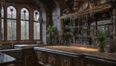 day,indoors,tree,no humans,window,chair,table,sunlight,plant,scenery,wooden floor,stairs,door,clock,potted plant,lamp,candle,architecture,shelf,candlestand,chandelier,bottle,snow,fantasy,stool,cabinet