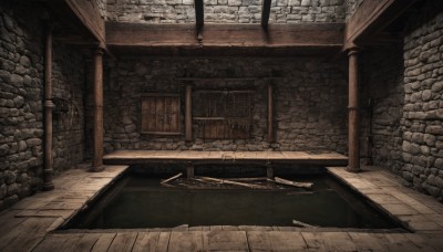 monochrome,indoors,no humans,window,scenery,wooden floor,stairs,fantasy,door,wall,brick wall,pillar,arch,stone floor,stone wall,outdoors,building,architecture,ruins,column,wood,brick,brick floor