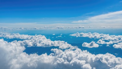 monochrome,outdoors,sky,day,cloud,water,blue sky,no humans,ocean,cloudy sky,scenery,blue theme,horizon,landscape,above clouds