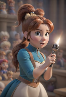 1girl,solo,long hair,looking at viewer,open mouth,brown hair,dress,holding,green eyes,ponytail,teeth,solo focus,indoors,blurry,apron,lips,depth of field,blurry background,blue dress,high ponytail,microphone,wide-eyed,candle,blush,artist name,watermark,cross,web address,freckles,doll,holding microphone,candlestand