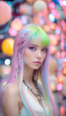 1girl,solo,long hair,breasts,looking at viewer,bangs,blue eyes,hair ornament,dress,bare shoulders,jewelry,closed mouth,green eyes,upper body,pink hair,braid,multicolored hair,earrings,green hair,sleeveless,blunt bangs,necklace,white dress,blurry,two-tone hair,lips,eyelashes,aqua hair,gradient hair,makeup,depth of field,blurry background,chain,piercing,lipstick,eyeshadow,pink lips,realistic,nose,bokeh,mascara,rainbow hair,artist name,from side,aqua eyes,looking to the side,watermark,gem,ear piercing,beads,eyeliner