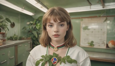 1girl,solo,long hair,looking at viewer,bangs,brown hair,shirt,brown eyes,white shirt,upper body,parted lips,choker,indoors,medium hair,blurry,lips,grey eyes,window,blurry background,leaf,plant,freckles,realistic,nose,potted plant,chalkboard,portrait,kitchen