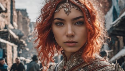 1girl,solo,long hair,looking at viewer,brown eyes,jewelry,closed mouth,red hair,earrings,outdoors,solo focus,armor,mole,blurry,lips,looking to the side,grey eyes,eyelashes,makeup,depth of field,blurry background,wavy hair,looking away,tiara,portrait,mole under mouth,snow,freckles,curly hair,circlet,realistic,parted lips,artist name,orange hair,mole on cheek