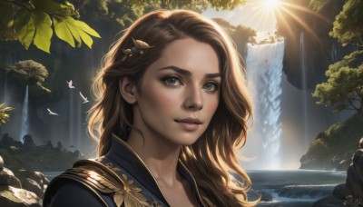 1girl,solo,long hair,looking at viewer,smile,brown hair,hair ornament,brown eyes,jewelry,closed mouth,earrings,outdoors,day,water,tree,lips,eyelashes,bird,leaf,sunlight,portrait,nature,backlighting,freckles,light rays,rock,realistic,nose,sunbeam,waterfall,blush,upper body,scenery,forest,sun