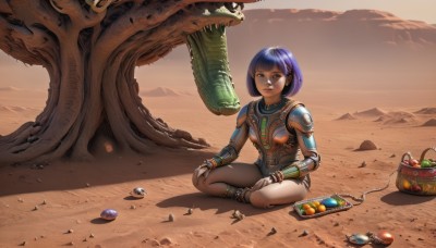 1girl,solo,smile,short hair,bangs,hair ornament,brown eyes,jewelry,sitting,blue hair,purple hair,outdoors,food,barefoot,teeth,dark skin,blunt bangs,armor,bracelet,dark-skinned female,tree,lips,fruit,bob cut,science fiction,monster,anklet,apple,indian style,on ground,desert,dinosaur,looking at viewer,full body,signature,robot,rock,realistic,fantasy,sand,basket,joints,egg,cyborg,alien,tribal