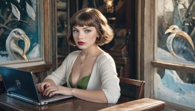 1girl,solo,breasts,looking at viewer,short hair,bangs,blue eyes,brown hair,dress,cleavage,jewelry,medium breasts,sitting,upper body,artist name,indoors,necklace,nail polish,blurry,lips,window,makeup,bird,chair,table,lipstick,red nails,snow,realistic,red lips,computer,laptop,shirt,closed mouth,underwear,collarbone,earrings,parted lips,open clothes,signature,bra,fingernails,book,leaf,ring,plant,pendant,nose,from outside,looking outside