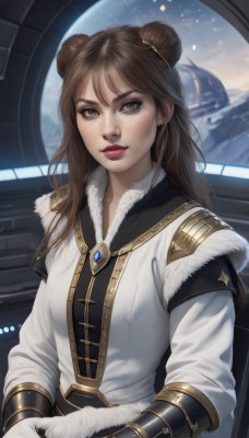 1girl,solo,long hair,breasts,looking at viewer,bangs,brown hair,gloves,long sleeves,brown eyes,jewelry,sitting,upper body,earrings,white gloves,hair bun,lips,fur trim,double bun,makeup,lipstick,freckles,realistic,nose,red lips,space,blush,parted lips,artist name