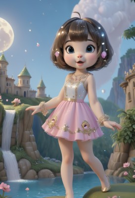 1girl,solo,looking at viewer,smile,short hair,open mouth,bangs,blue eyes,skirt,brown hair,hair ornament,dress,bare shoulders,jewelry,standing,full body,flower,ahoge,earrings,outdoors,sky,shoes,teeth,sleeveless,day,cloud,water,necklace,high heels,flat chest,bracelet,tree,blue sky,lips,wrist cuffs,petals,night,moon,plant,building,gem,child,full moon,pink skirt,rock,fantasy,female child,castle,waterfall,hairband,pink dress