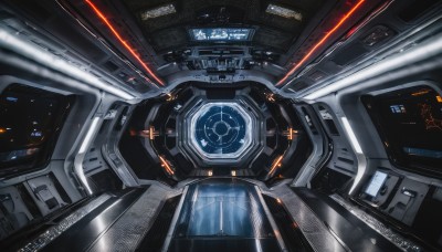 artist name,signature,dated,english text,no humans,robot,machinery,science fiction,realistic,space,spacecraft,lights,cockpit,scenery,mecha,close-up,screen,laser