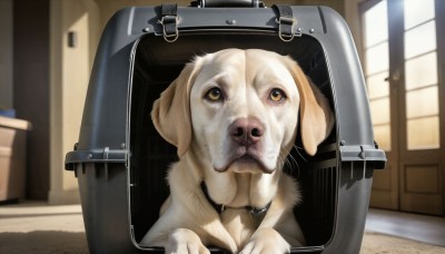 HQ,looking at viewer,day,indoors,bag,blurry,collar,no humans,window,blurry background,animal,dog,realistic,door,animal focus,whiskers,suitcase,what,solo,yellow eyes,box,in container,white fur,doorway