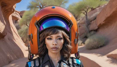 1girl,solo,looking at viewer,brown hair,brown eyes,upper body,outdoors,sky,day,tree,blue sky,lips,helmet,science fiction,realistic,nose,road,desert,short hair,grass,dirty,dirty face