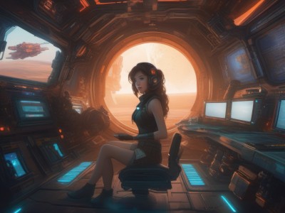 1girl,solo,long hair,breasts,looking at viewer,brown hair,gloves,holding,bare shoulders,brown eyes,sitting,boots,shorts,sleeveless,indoors,fingerless gloves,lips,headphones,chair,crossed legs,robot,scenery,headset,backlighting,science fiction,realistic,cable,computer,monitor,spacecraft,tablet pc,cockpit,holographic interface,hologram,black hair,ponytail,from side,window,nose,ankle boots,screen