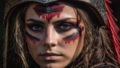 1girl,solo,looking at viewer,simple background,brown hair,hat,brown eyes,closed mouth,lips,blood,facial mark,feathers,black background,portrait,close-up,blood on face,realistic,nose,facepaint,jewelry,freckles